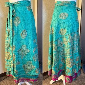 Darn Good Yarn Sari Silk Wrap Skirt Teal Pink Reversible Ankle Length Size 4-12